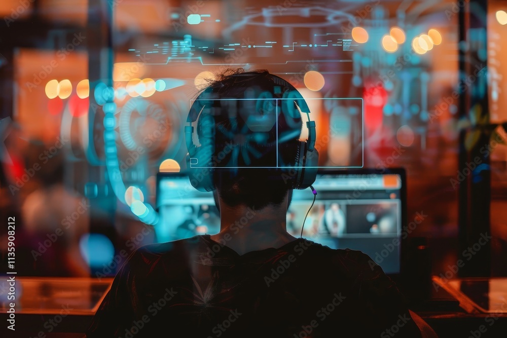 Poster a person wearing headphones and sitting in front of a computer screen is experiencing seamless trans