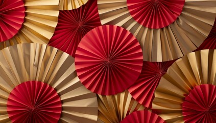 Chinese New Year celebration. Banner design with red paper fans decorations on red background..Chinese New Year celebration. Banner design with red paper fans decorations on red background