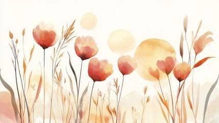 Obraz premium Watercolor Painting of Abstract Flowers and Grasses