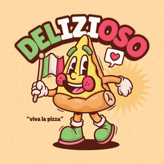 Obraz premium Italian Pizza Trendy Retro Cartoon Vector Hand Drawn 