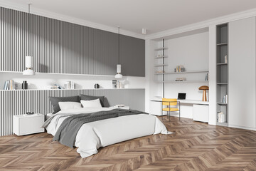 Modern bedroom interior with gray accents, wooden flooring, and cozy workspace design. 3D Rendering