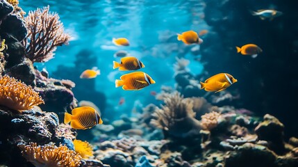 Fototapeta premium Vibrant coral reef with yellow fish. Underwater marine life.