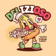 Italian Pizza Trendy Retro Cartoon Vector Hand Drawn 