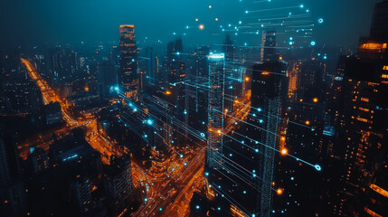 Smart digital Innovation city with connection network reciprocity over the cityscape. of future smart wireless digital city and social media networking systems that connects people with in city