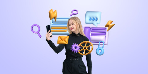 Woman taking selfie with floating colorful 3D icons of tools, me