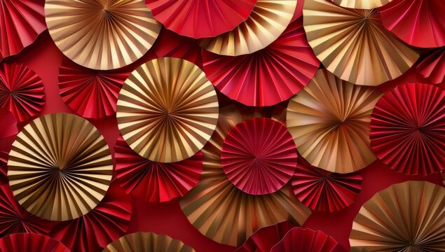Chinese New Year celebration. Banner design with red paper fans decorations on red background..Chinese New Year celebration. Banner design with red paper fans decorations on red background.