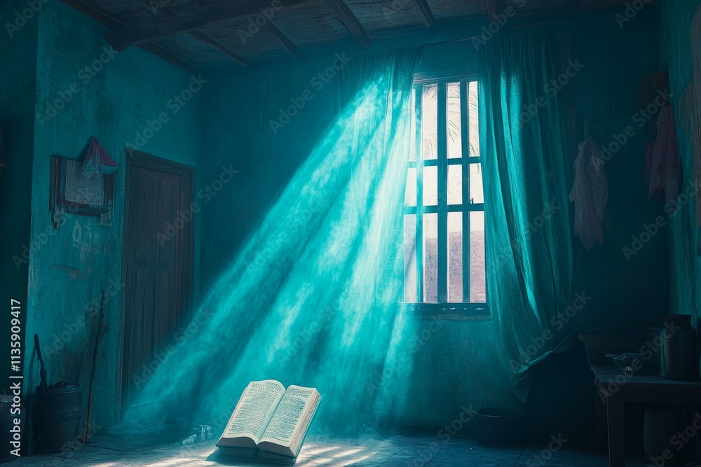 Poster serene room with sunlight streaming through a window illuminating an open book on the floor surround
