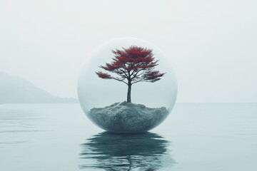 Serene Scene of a Red Tree Enclosed in a Transparent Sphere on a Calm Water Surface with Soft Misty Background Creating a Tranquil Atmosphere