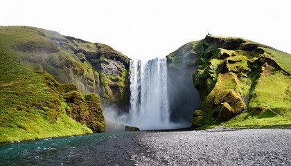 waterfall and green mountain with white background