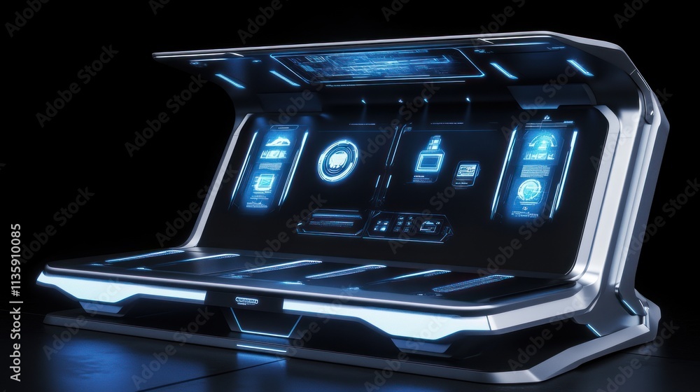 Poster futuristic technology console displaying data interfaces