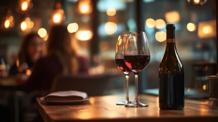 a restaurant table with two glasses of red wine and a bottle with blurred people in the background