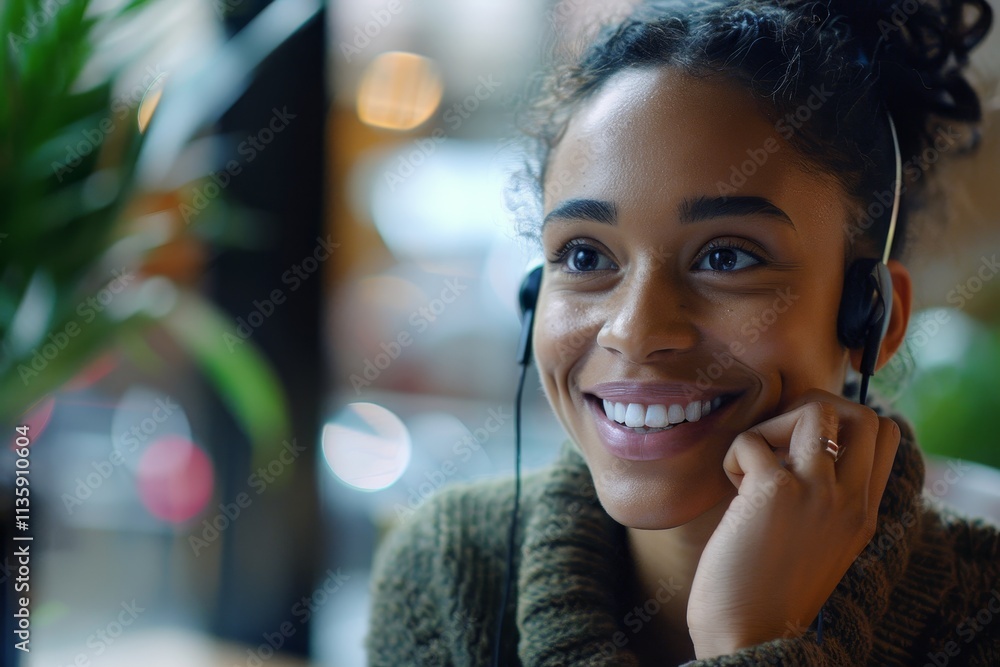 Poster smiling customer service representative wearing headset in office setting, a customer service repres