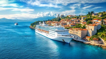 Fototapeta premium Cruise ship docked in a picturesque coastal town. Concept of travel, vacation, and tourism.