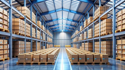3D  of Cardboard Boxes in a Warehouse, Showcasing a Modern Transportation System for Efficient Packages Delivery and Storage Solutions