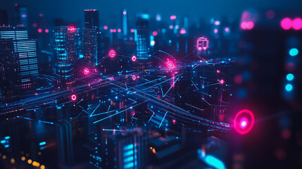Smart digital Innovation city with connection network reciprocity over the cityscape. of future smart wireless digital city and social media networking systems that connects people with in city