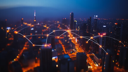 Smart digital Innovation city with connection network reciprocity over the cityscape. of future smart wireless digital city and social media networking systems that connects people with in city