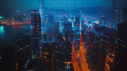 Obraz premium Smart digital Innovation city with connection network reciprocity over the cityscape. of future smart wireless digital city and social media networking systems that connects people with in city