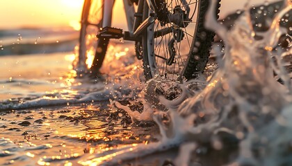 A cyclist rides their bike through the shallows of a beach at sunset. The water splashes up around the wheels, creating a beautiful and dynamic scene.