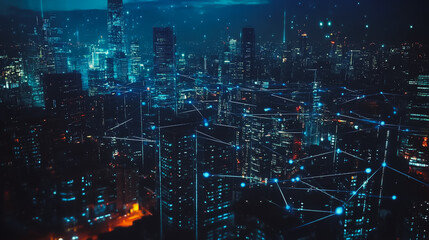 Fototapeta premium Smart digital Innovation city with connection network reciprocity over the cityscape. of future smart wireless digital city and social media networking systems that connects people with in city