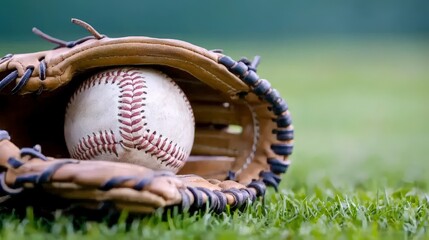 Baseball Glove and Ball on Grass Field  Sports  Game  Equipment  Outdoors