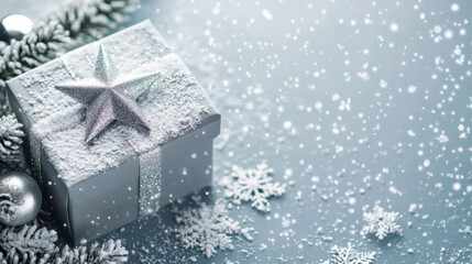 Christmas gift, silver snowflakes and pine trees