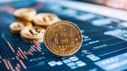 A close-up of a Bitcoin on a digital financial graph, symbolizing cryptocurrency and market trends.
