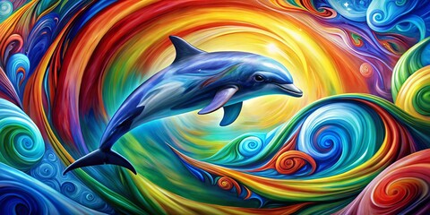 A Vibrant Blue Dolphin Leaps Through a Whirl of Colorful Abstract Designs, Capturing the Essence of Marine Life and Artistic Expression in a Stunning Visual Display