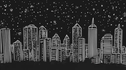 Naklejka premium White line art cityscape at night under a starry sky.