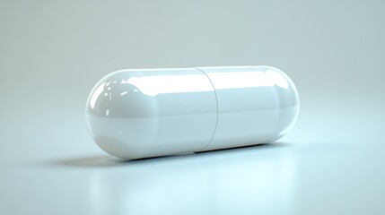 A single white capsule pill is shown in detail.  It represents medicine, healthcare, and pharmaceutical products.
