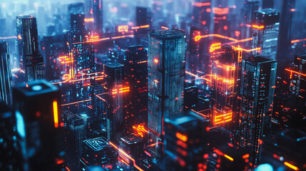 Obraz premium Smart digital Innovation city with connection network reciprocity over the cityscape. of future smart wireless digital city and social media networking systems that connects people with in city