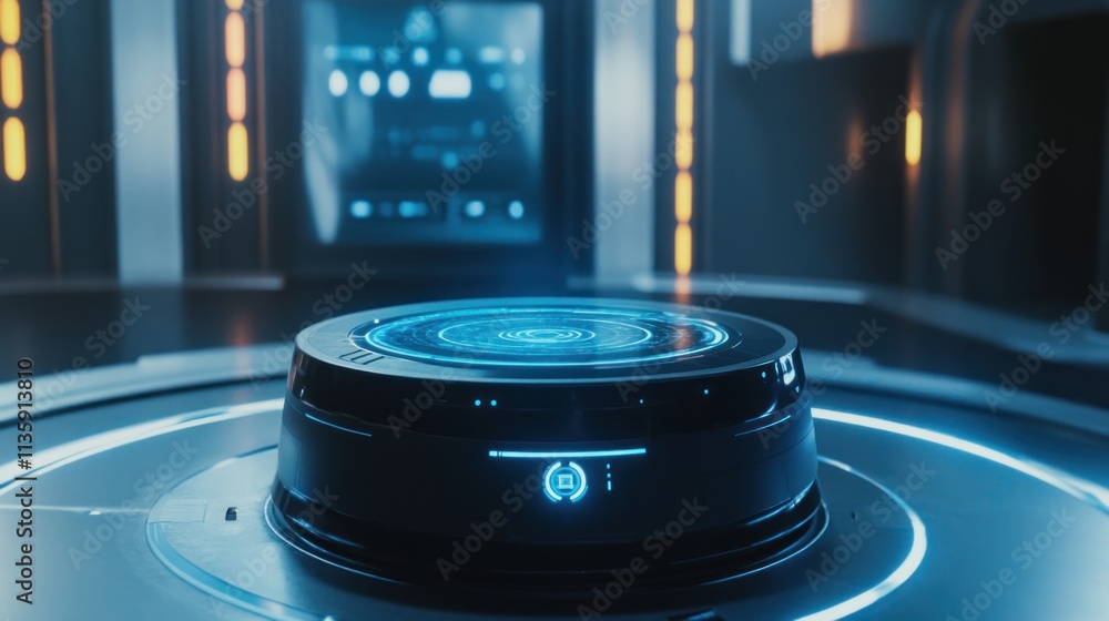 Poster futuristic circular device in a modern setting