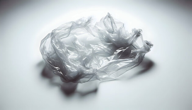Plastic A transparent crumpled plastic bag partially opened, with jagged edges, lying asymmetrically on a cl2