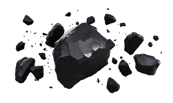 black asteroid stocks, comet rocks and debris stones on white transparent background, cutout png