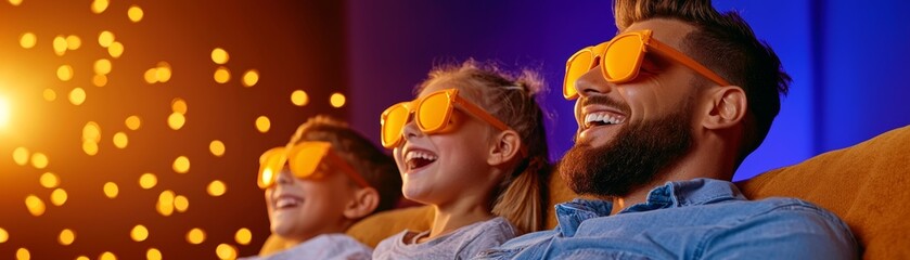 A joyful family watches a colorful show, wearing playful glasses, surrounded by warm lights and laughter.
