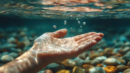 Ethereal Hand Underwater Reaching for Air Bubbles Surrounded by Colorful Stones, Capturing the Serenity and Beauty of Nature in an Aquatic Environment