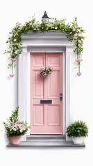 Charming pink door with floral decor and hanging hearts