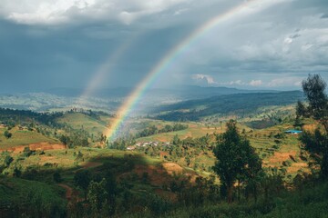 a double rainbow over a lush, green hillside