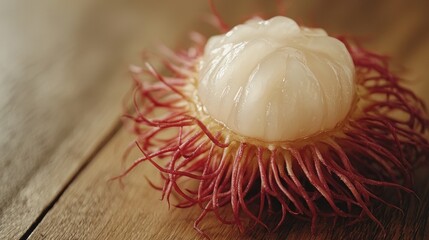 A close-up of a peeled rambutan, revealing the white, translucent flesh inside, placed on a wooden table