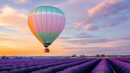 Fototapeta premium Hot air balloon over lavender field at sunrise with hot air balloon floating in the sky and scenic hot air balloon view ,romantic balloon ride over lavender ,hot air balloon travel sunrise