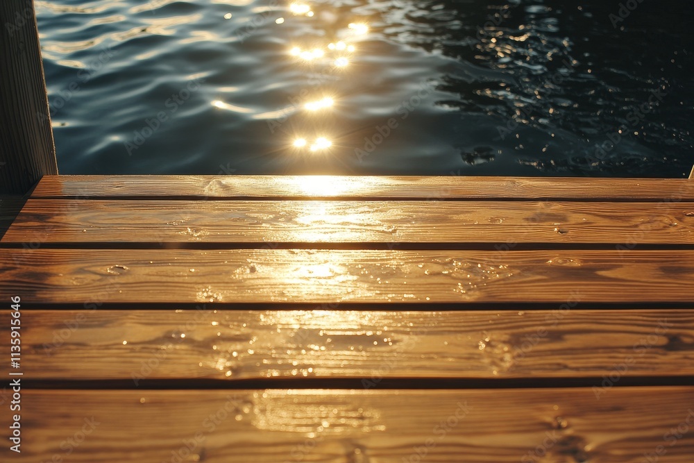 Poster sunlight reflections on a wooden dock with calm water surface creating a serene atmosphere ideal for