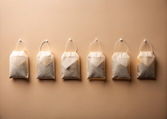 Aerial View of Paper Tea Bags Neatly Arranged on a Soft Beige Background with Ample Empty Space Highlighting Minimalist Design and Natural Elements for Creative Concepts