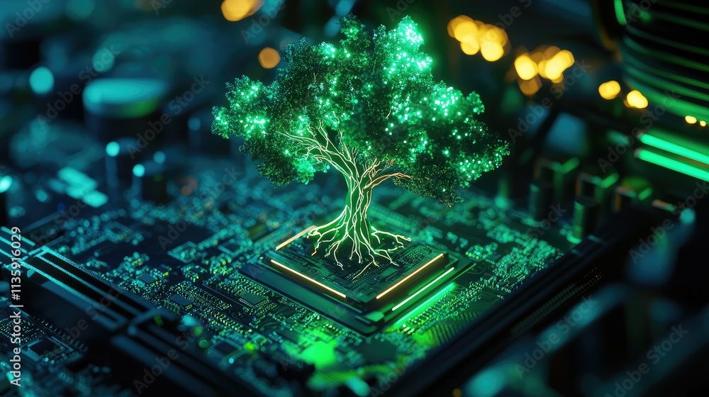 Poster a glowing tree flourishing on a computer motherboard, blending nature with cutting-edge technology f