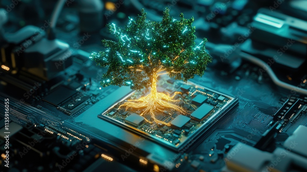 Poster a glowing tree flourishing on a computer motherboard, blending nature with cutting-edge technology f