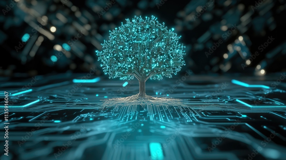 Poster a glowing tree at the intersection of circuit board pathways, symbolizing the future of environmenta