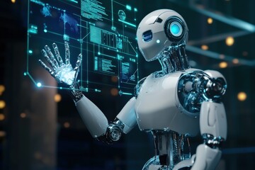 futuristic robot interacting with a transparent screen