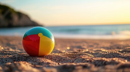 Obraz premium Beach Ball Resting On Sandy Shore At Sunset