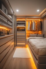 Modern minimalist bedroom with built-in wardrobe and warm lighting.