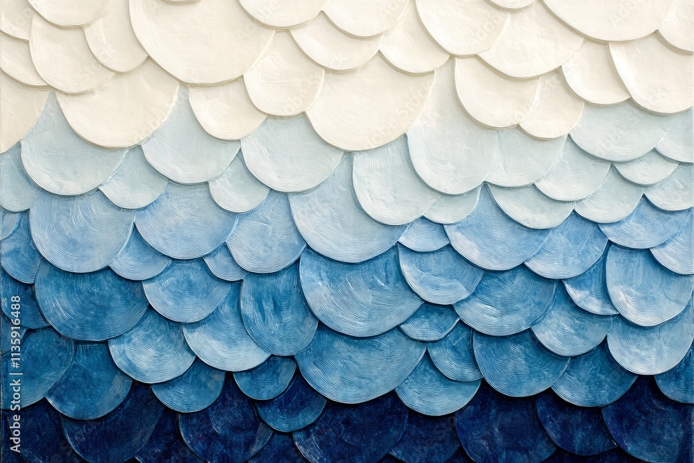 Poster textured background of overlapping circular shapes in shades of blue and white, creating a serene oc