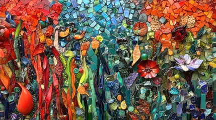 Colorful Mosaic Art Depicting Abstract Floral Patterns and Textures