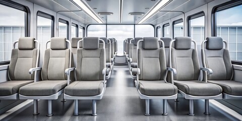 Fototapeta premium Architectural Photography of Grey Chairs in a Row on a Bus Against a White Backdrop, Capturing Minimalist Design and Modern Aesthetics in a Unique Setting